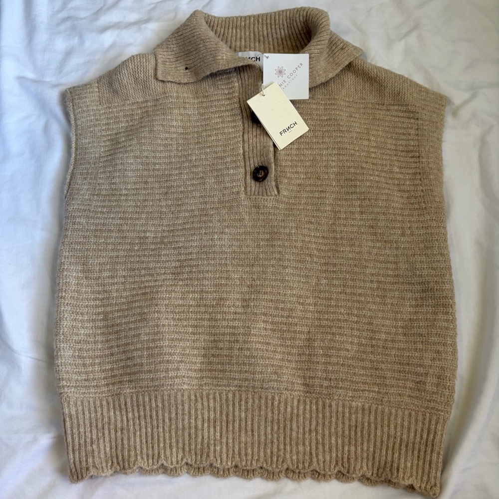 NWT FRNCH Paris Wool Blend Knit Vest Camel Collared Sweater M